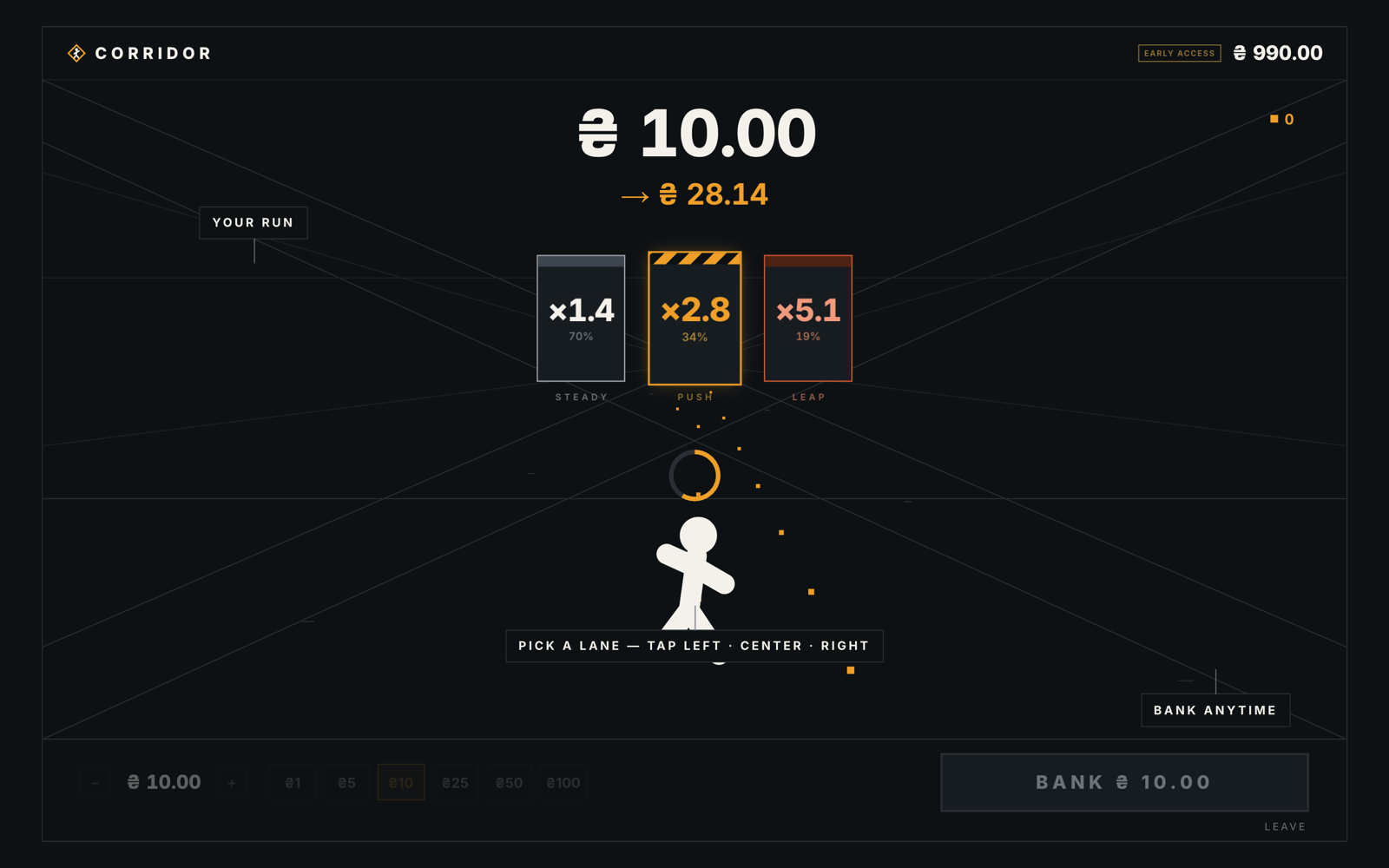 Three Corridor doors showing multipliers and odds across the steady, push, and leap lanes.