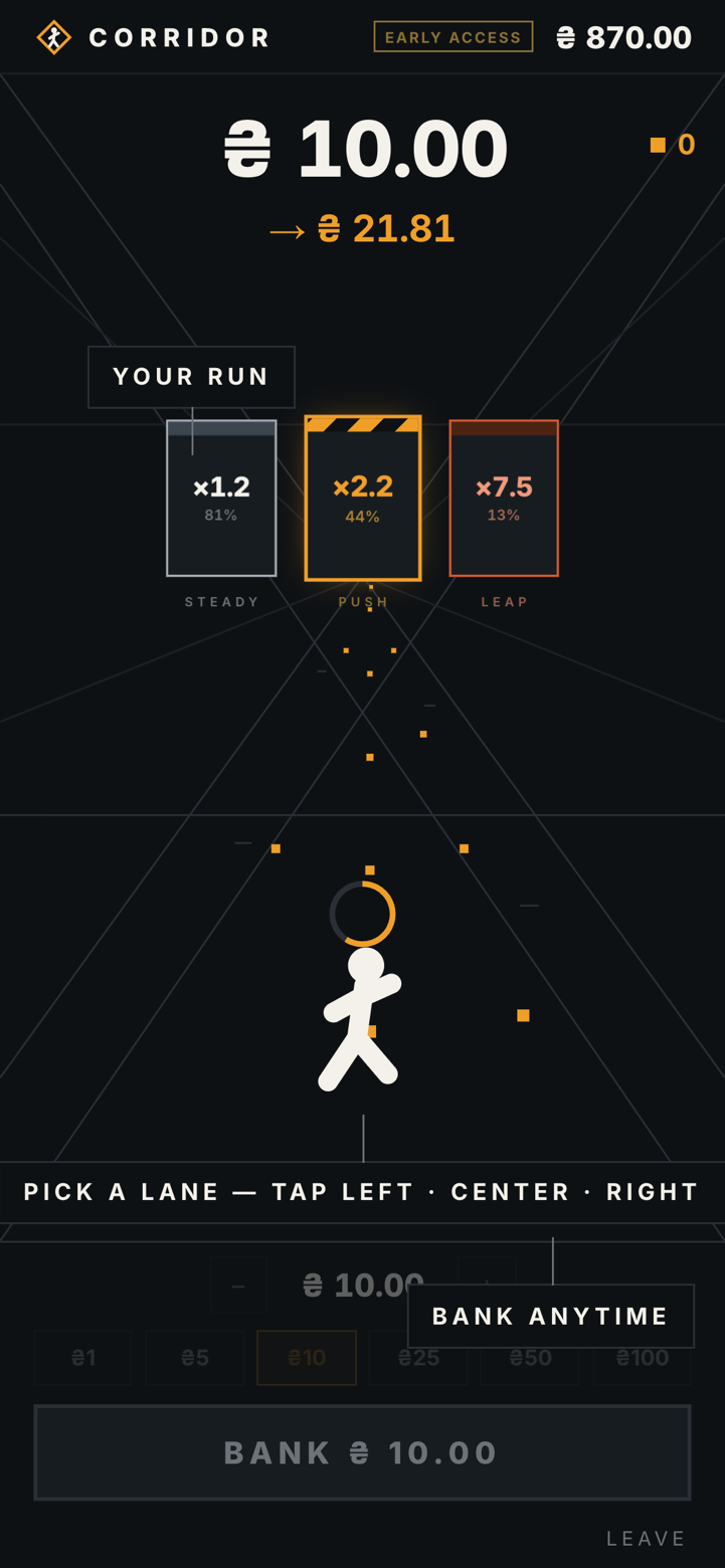 Corridor on a phone: three doors, a running total, and a bank button in one thumb-reach layout.